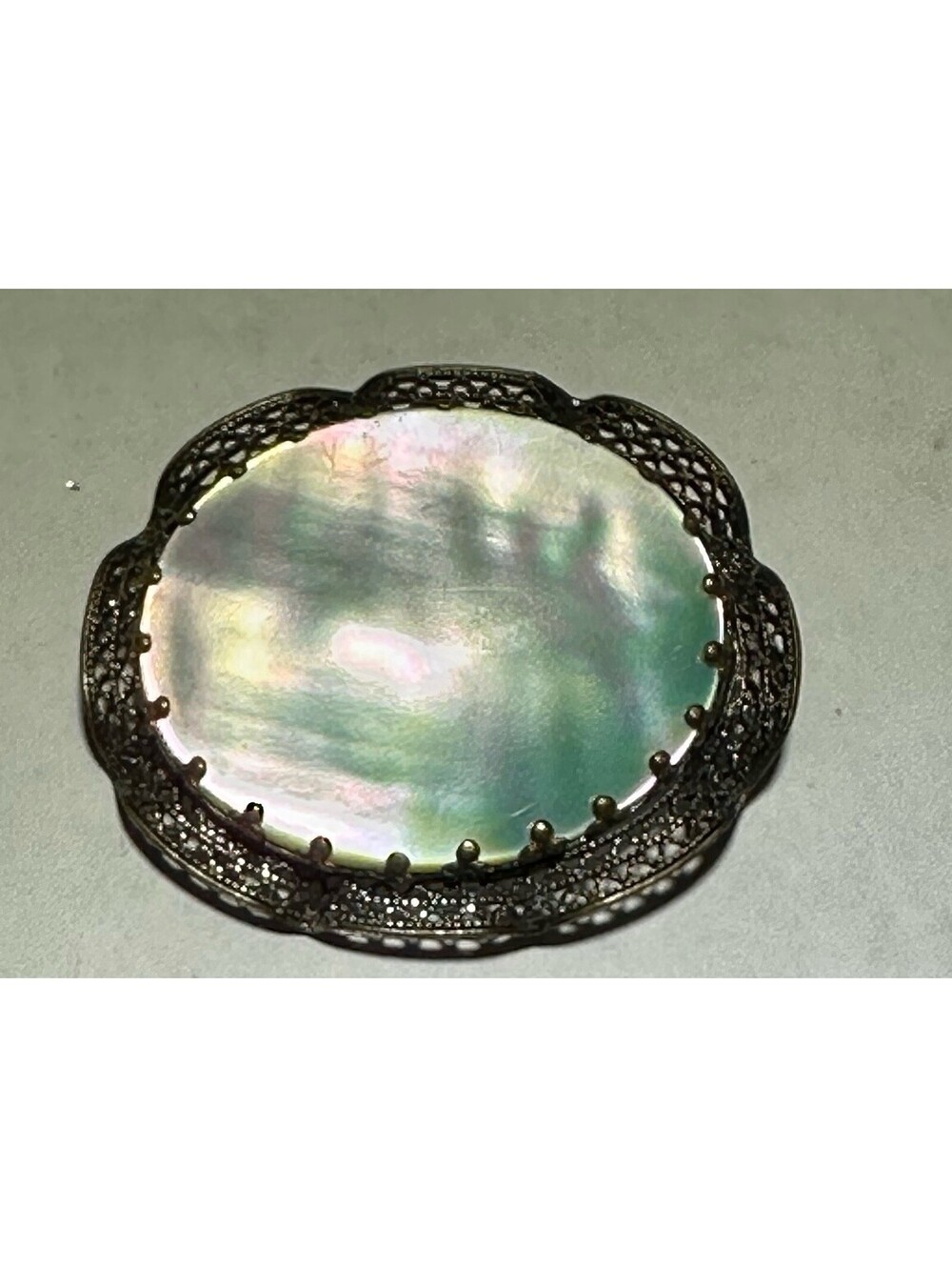 Vintage Silver Mother Of Pearl Brooch With “c” Clasp 1.5” Metal Ribbon Design